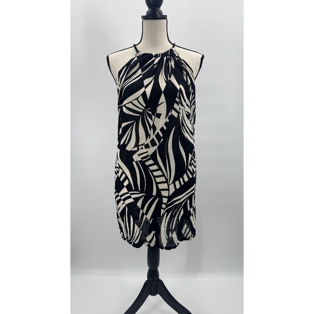 Tahari Linen Tropical Palm Halter Shift Dress Large Adjustable Tie Shell Resort